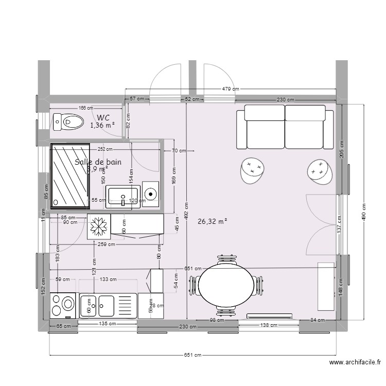 cuisine2. Plan de 3 pièces et 32 m2