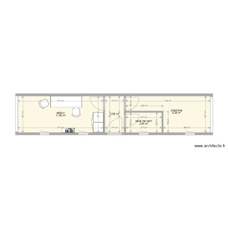 type 5 vie. Plan de 4 pièces et 25 m2