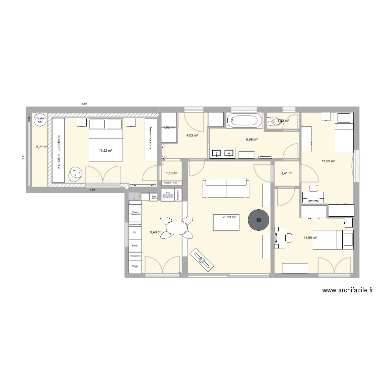 Cuisine avec ouverture de la cuisine et buffet de part et d'autre poele bis. Plan de 12 pièces et 86 m2