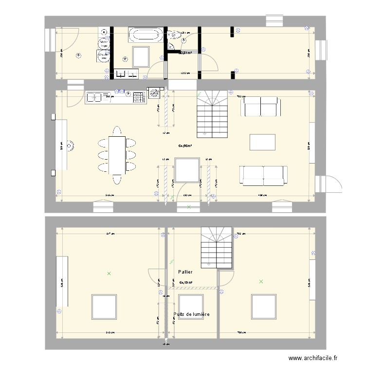 Keroriou RDC et 1er étage. Plan de 3 pièces et 160 m2