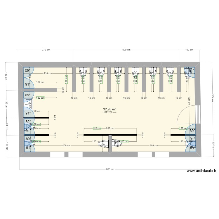 sanitaires ( F). Plan de 1 pièce et 32 m2