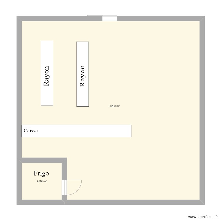 Epicerie. Plan de 2 pièces et 91 m2