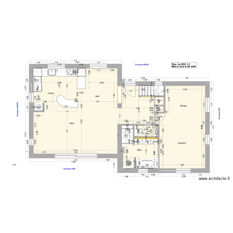 PLAN DU RDC 1.3 Cuisine. Plan de 6 pièces et 90 m2