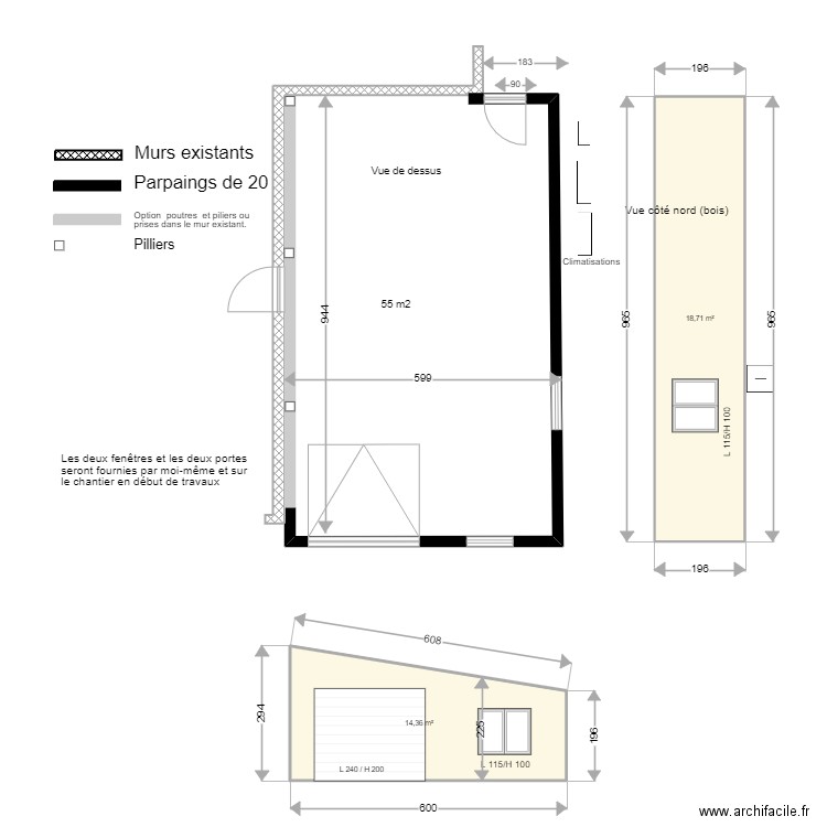 garage 55 m2 3 vues. Plan de 2 pièces et 33 m2