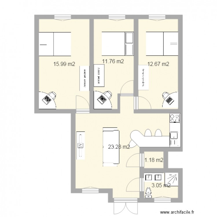 Appartement 3 chambres visité 01 03. Plan de 0 pièce et 0 m2