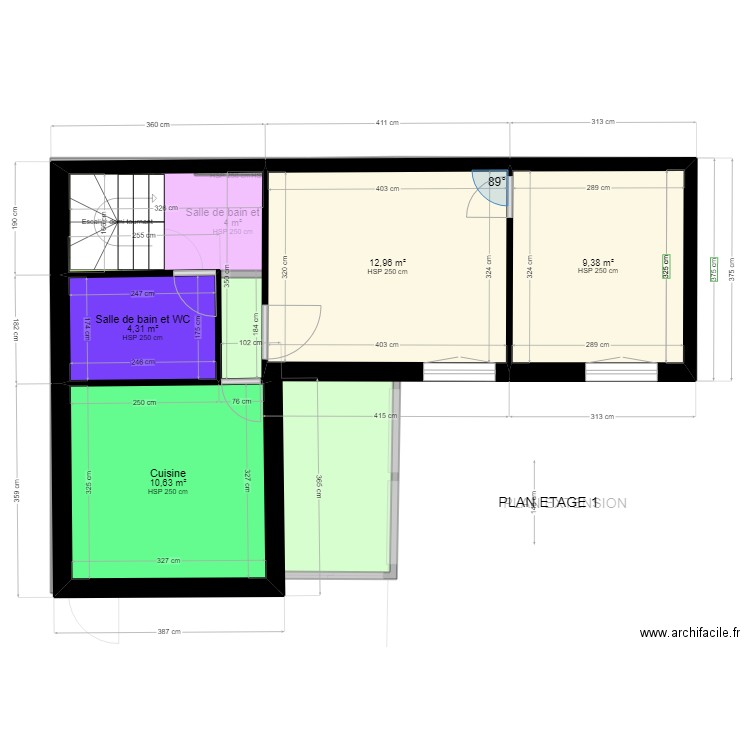 ETAGE PRESENT SANS COULOIR. Plan de 10 pièces et 89 m2