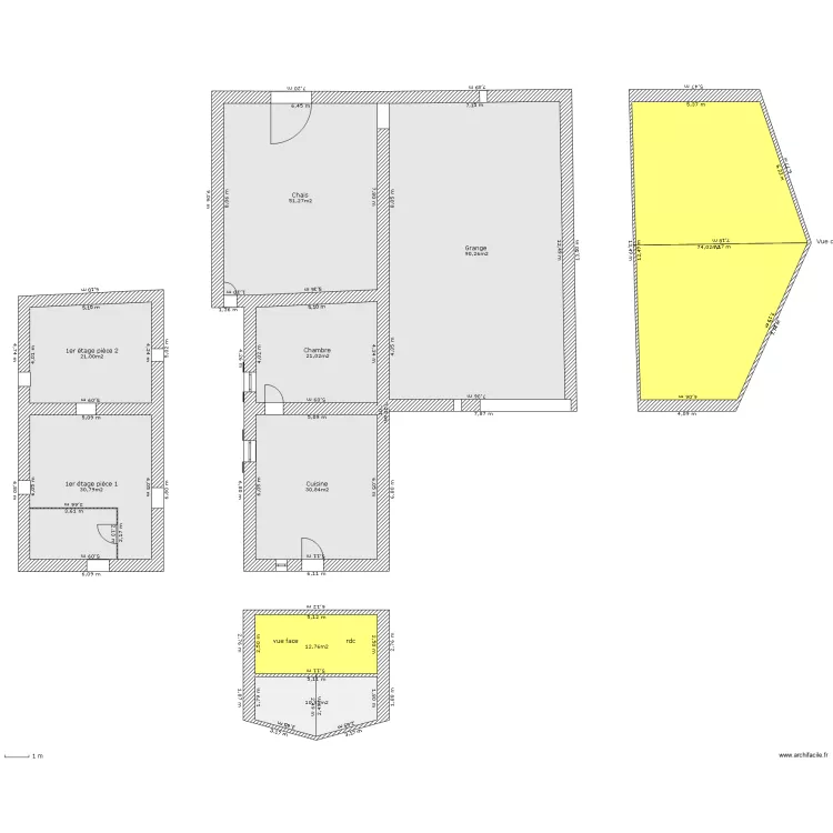 Maison en l'état vue dessus et cotés. Plan de Maison en l'état vue dessus et cotés. Plan de