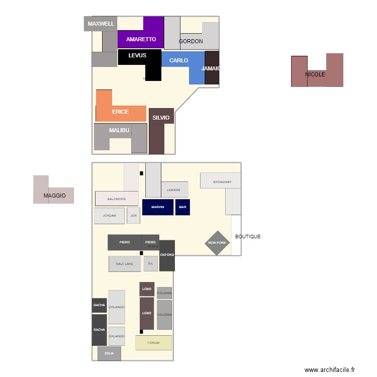 Magasin. Plan de 2 pièces et 141 m2