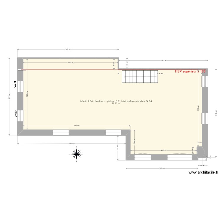 surface étage. Plan de 1 pièce et 72 m2