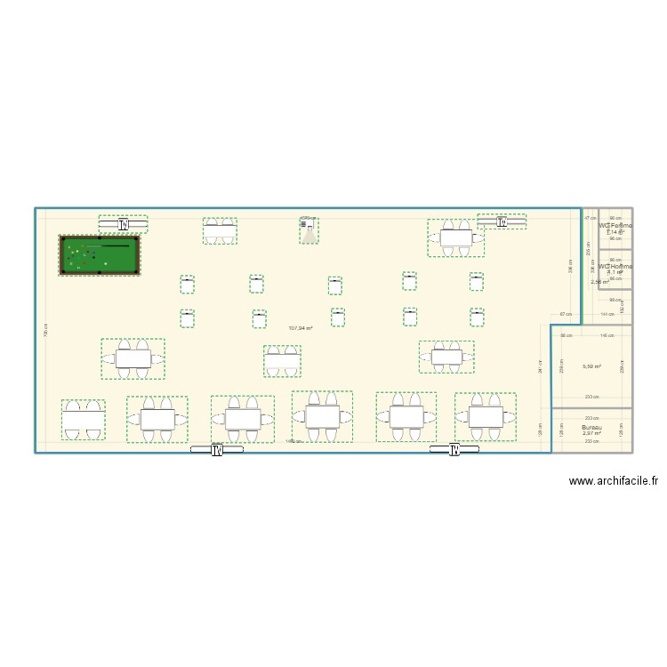 Salle de fete. Plan de 6 pièces et 121 m2