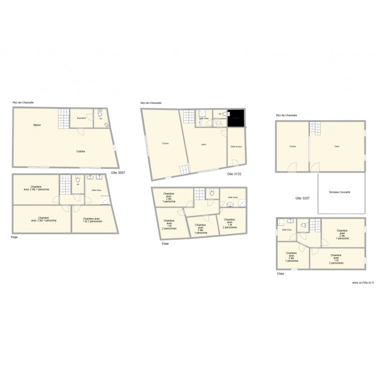 Plan des gîtes 3007 et 3133 et 3187. Plan de 0 pièce et 0 m2