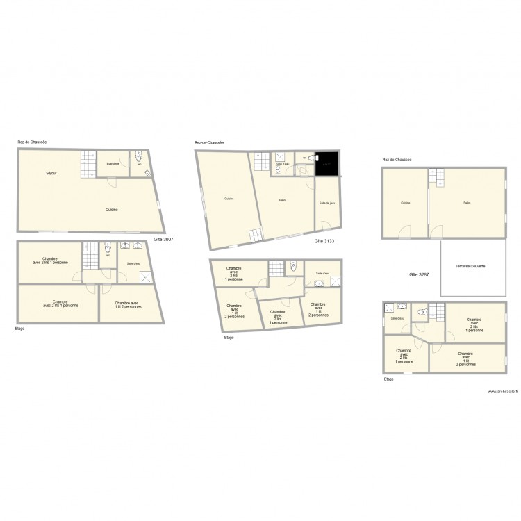 Plan des gîtes 3007 et 3133 et 3187. Plan de 0 pièce et 0 m2