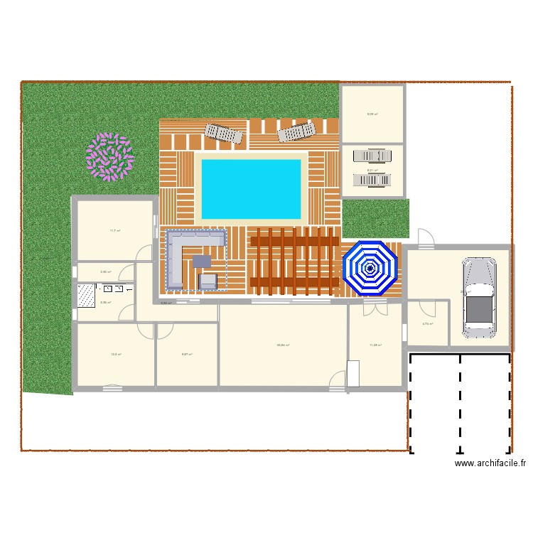 maison piscine. Plan de 12 pièces et 128 m2