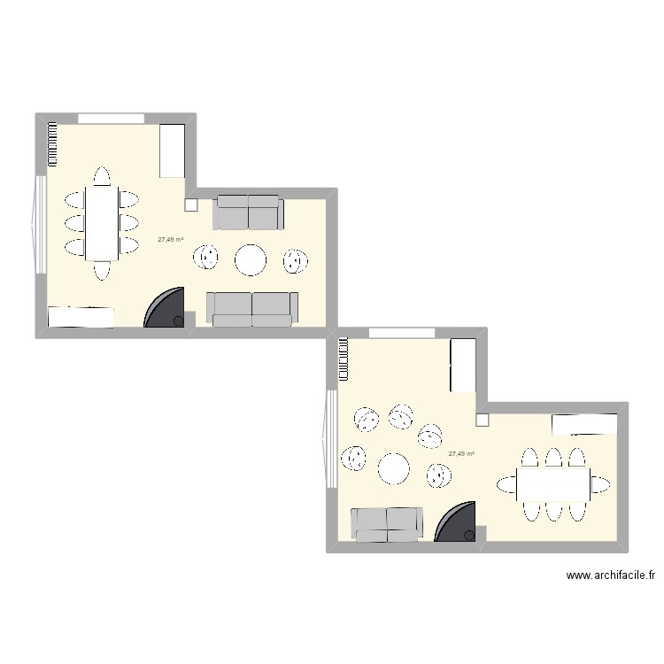 salon. Plan de 2 pièces et 55 m2