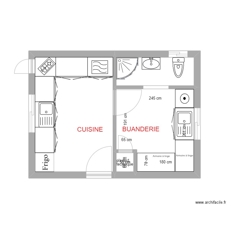 cuisine-buanderie V3. Plan de 4 pièces et 17 m2