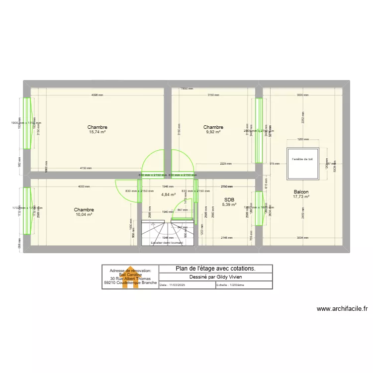 Plan de l'&eacute;tage avec cotations.. Plan de 