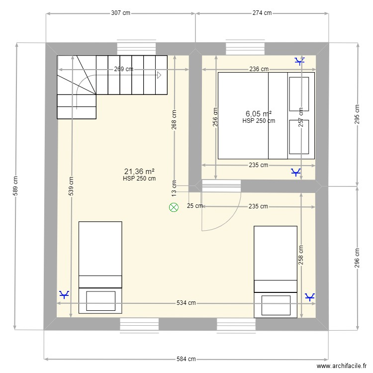 Plan Mezzanine. Plan de 2 pièces et 27 m2