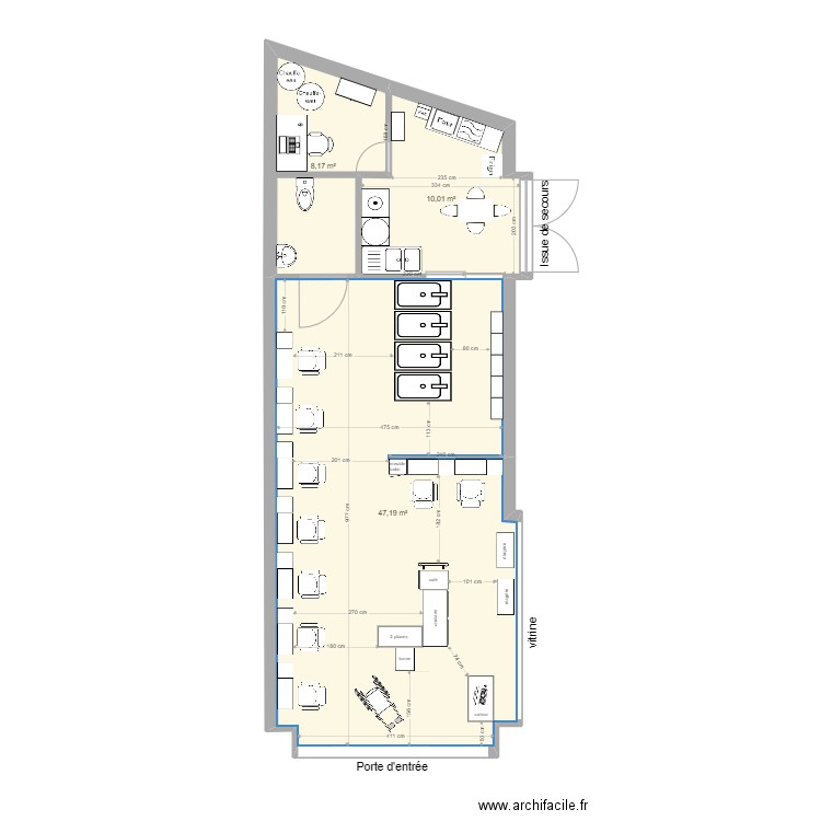 salon coiff 1. Plan de 3 pièces et 65 m2