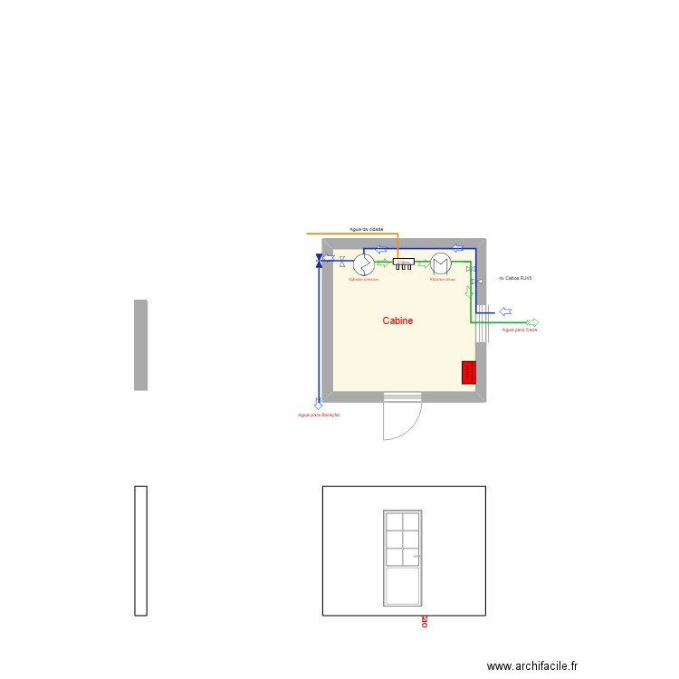 Cabine. Plan de 1 pièce et 9 m2