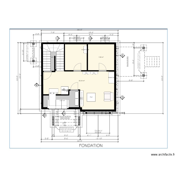 Sous sols sans ongle. Plan de 4 pièces et 48 m2