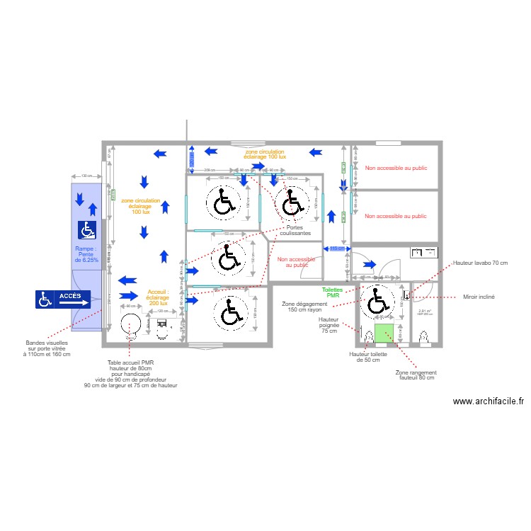 accessibilité handicapé. Plan de 6 pièces et 38 m2