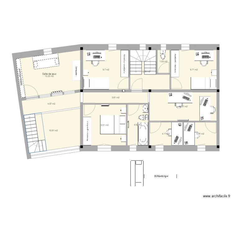 Bureaux + ch d'ami p. Plan de 13 pièces et 93 m2