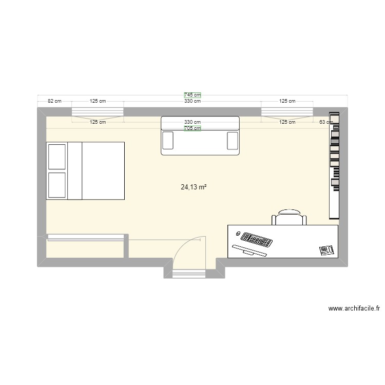 chambre Tholsan. Plan de 1 pièce et 24 m2