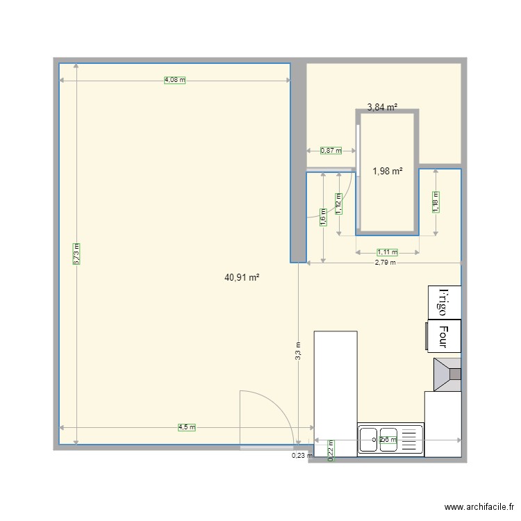 Plan du bas Cote. Plan de 3 pièces et 47 m2