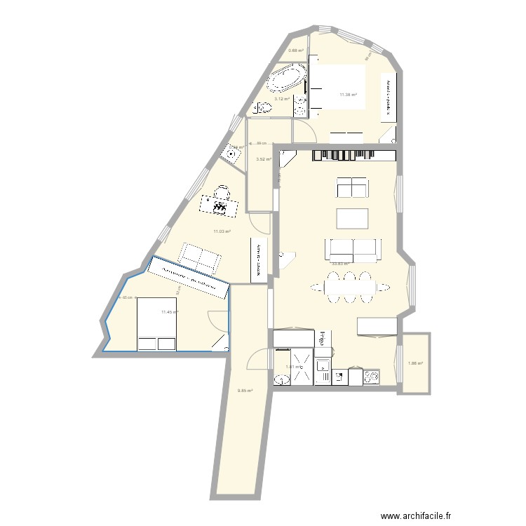 tolbiac 13eme avant après aménagé sans mur porteur 312. Plan de 0 pièce et 0 m2