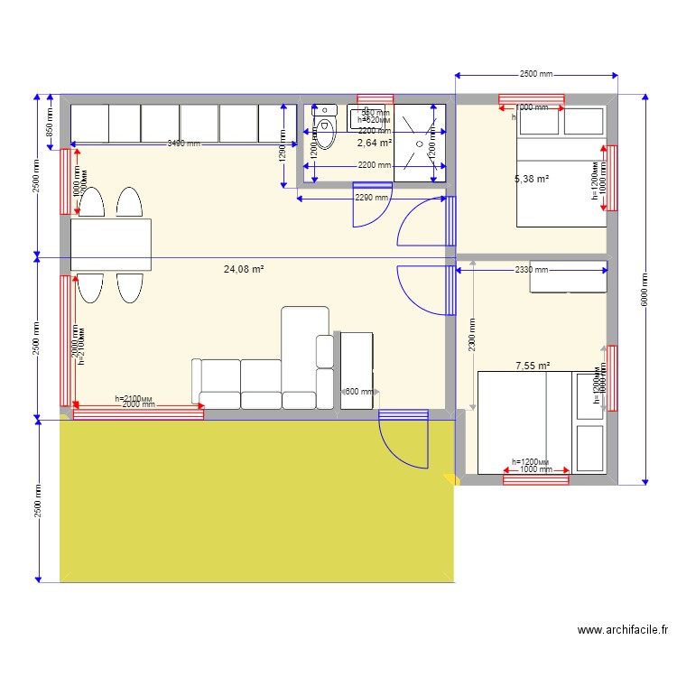 45 5 888. Plan de 5 pièces et 53 m2