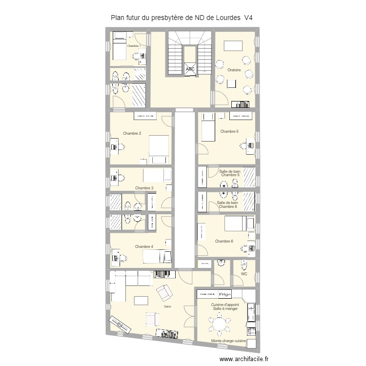 Plan futur du presbytère de ND de Lourdes V2. Plan de 14 pièces et 180 m2