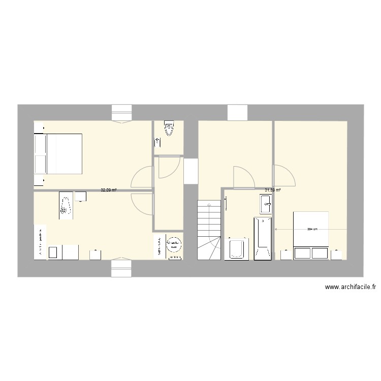 DLR23. Plan de 2 pièces et 64 m2