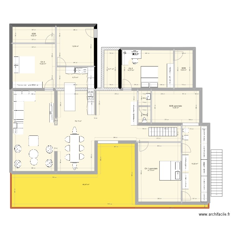 Plaideur extension 3 Ch rdc. Plan de 14 pièces et 249 m2