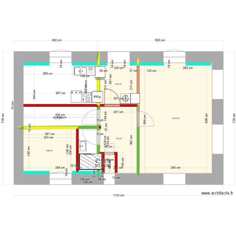 maison rdch. Plan de 3 pièces et 35 m2