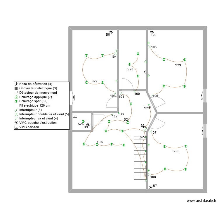 jerome eclairage 1er etage. Plan de 6 pièces et 104 m2