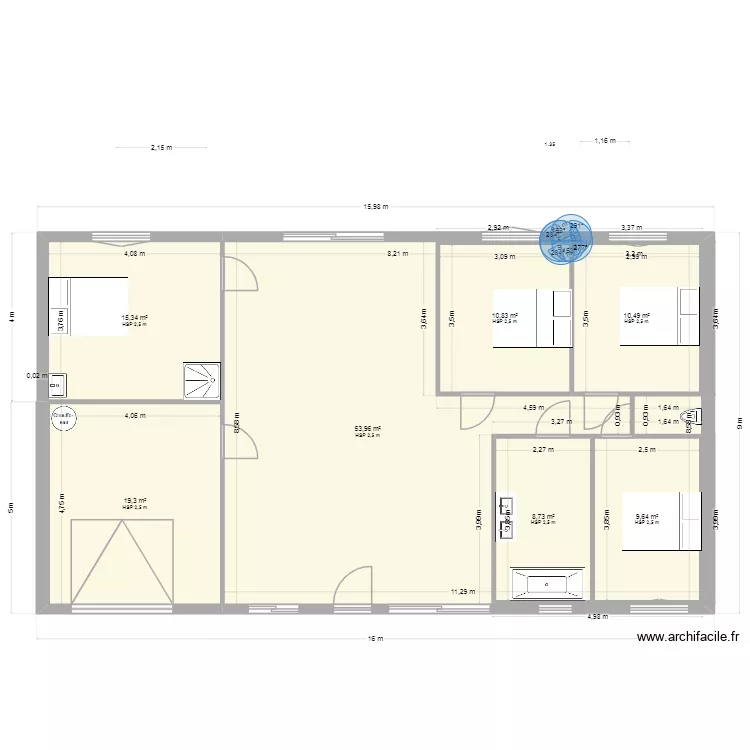 mais. Plan de 7  et 128 m²