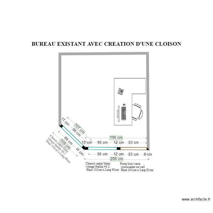 Création d'une cloison bureau espace interim. Plan de 0 pièce et 0 m2