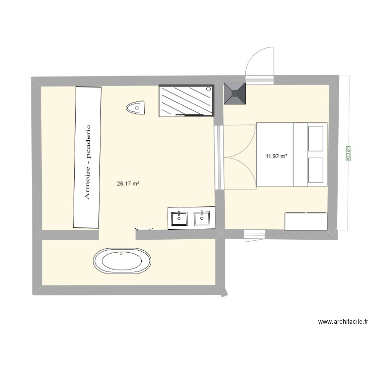 saslle de bain2. Plan de 2 pièces et 38 m2