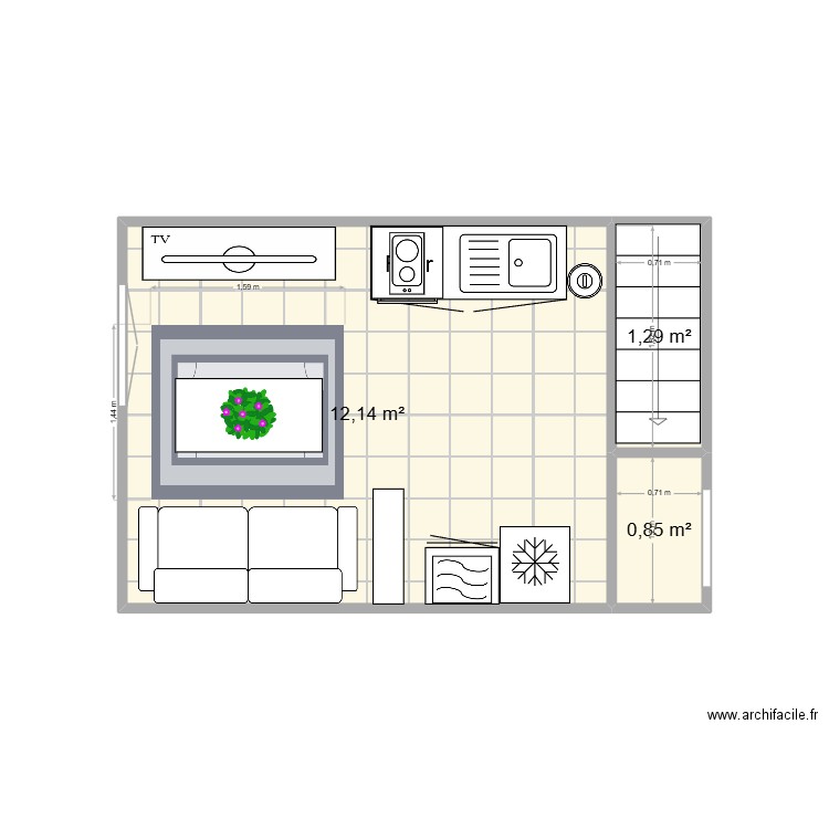 Cuisine2. Plan de 3 pièces et 14 m2