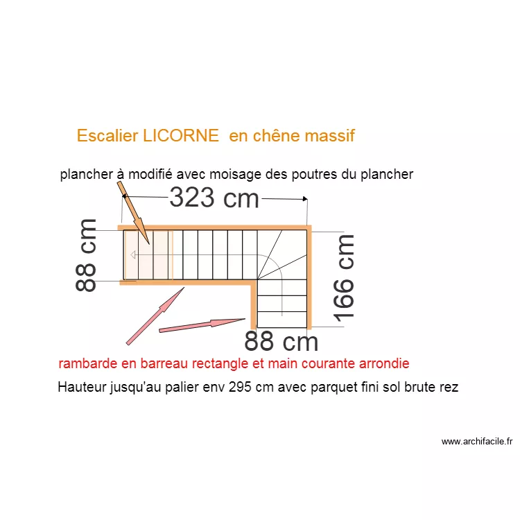 Escalier  ch&ecirc;ne Licorne . Plan de 
