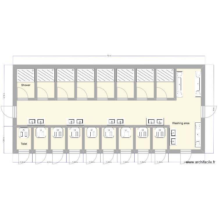 Bloc sanitaire. Plan de 18 pièces et 84 m2