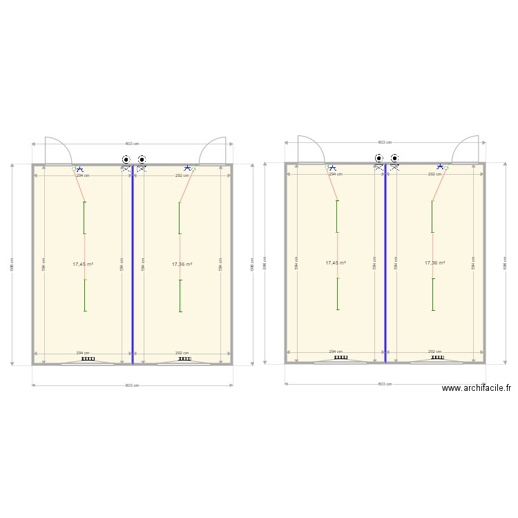 Guest classes avec cloisons. Plan de 4 pièces et 70 m2