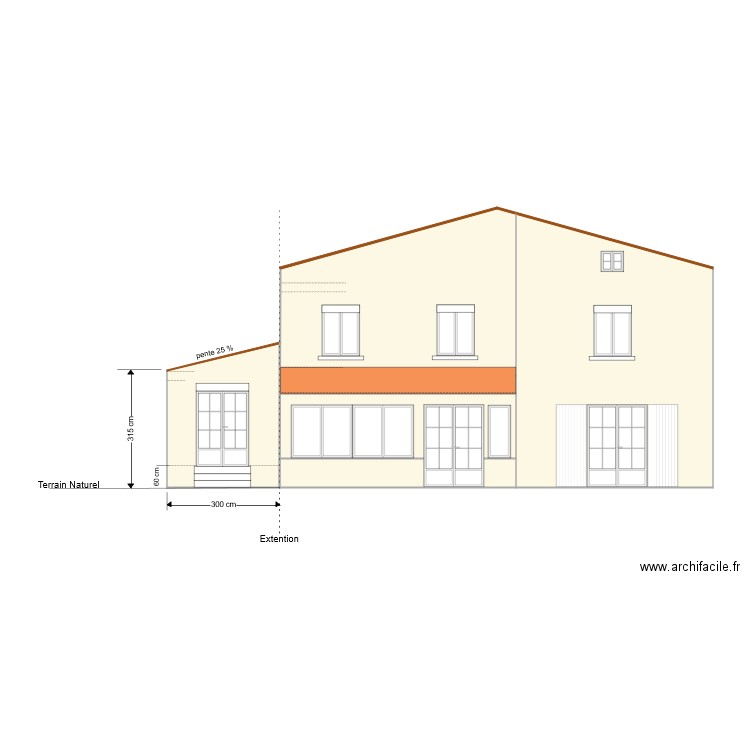 facade sud avec extension. Plan de 0 pièce et 0 m2