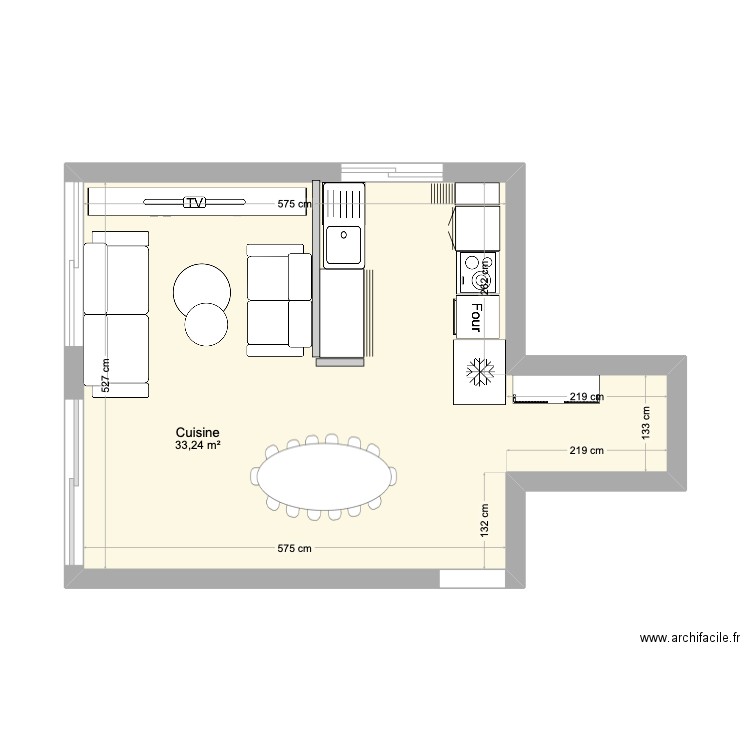 plan  5 salon cuisine en paralléle. Plan de 1 pièce et 33 m2
