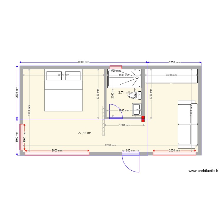 kriim. Plan de 2 pièces et 31 m2