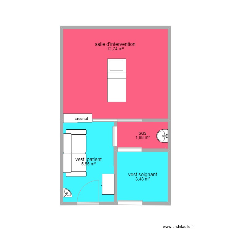 bloc 1 salle . Plan de 4 pièces et 24 m2