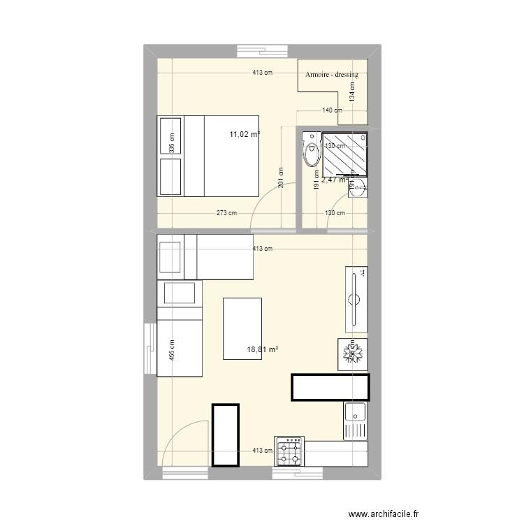 plan maison 32 m2 deux façade studio. Plan de 0 pièce et 0 m2