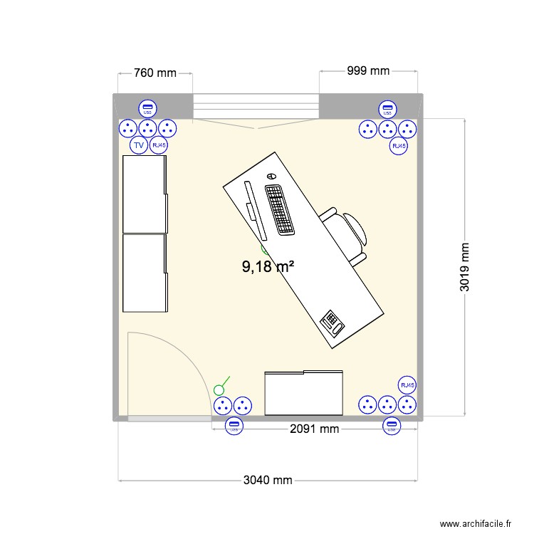 Chambre 3. Plan de 1 pièce et 9 m2