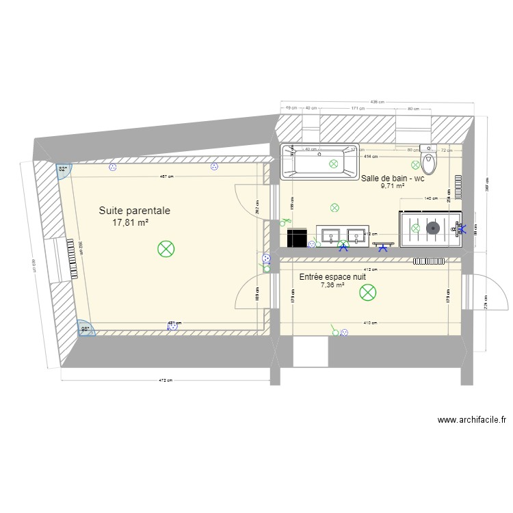 Suite parentale Couloir 2021 version 1. Plan de 3 pièces et 35 m2