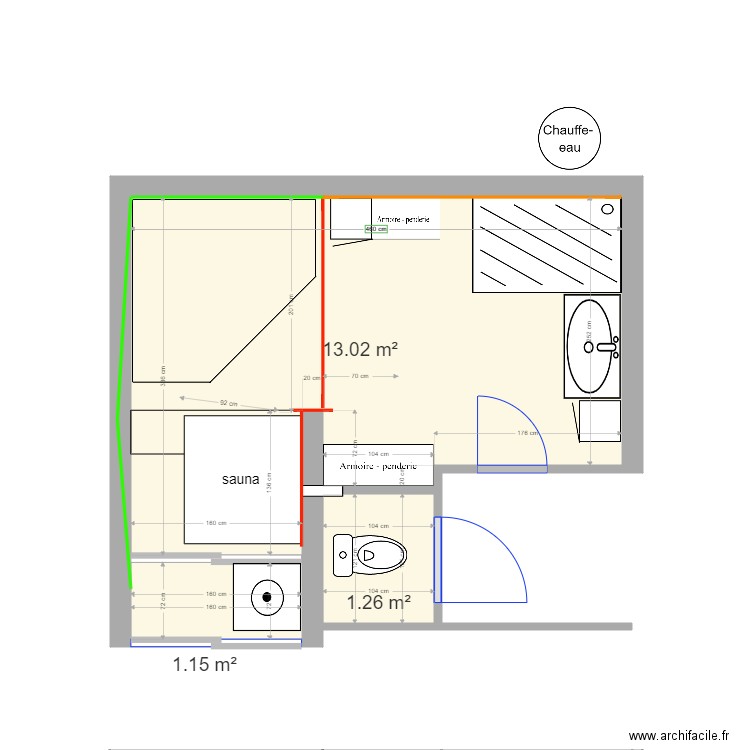 sdb refaite . Plan de 3 pièces et 15 m2